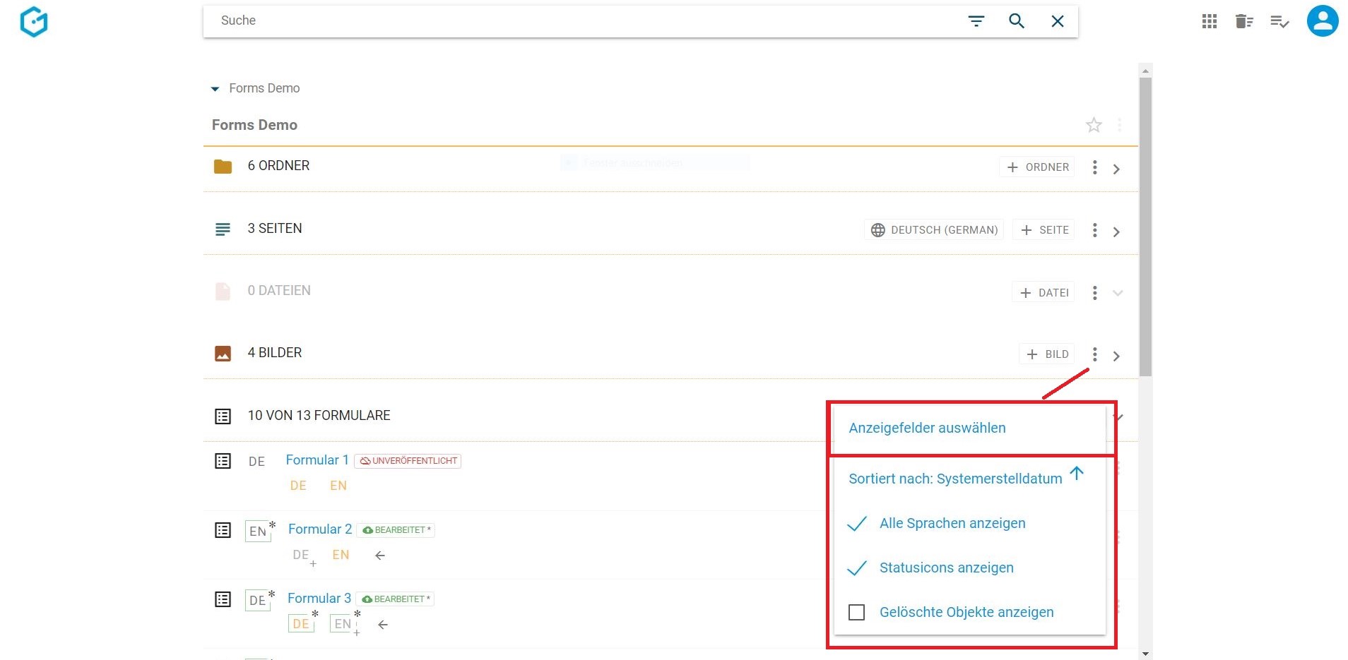 Seite im Gentics CMS Formulargenerator