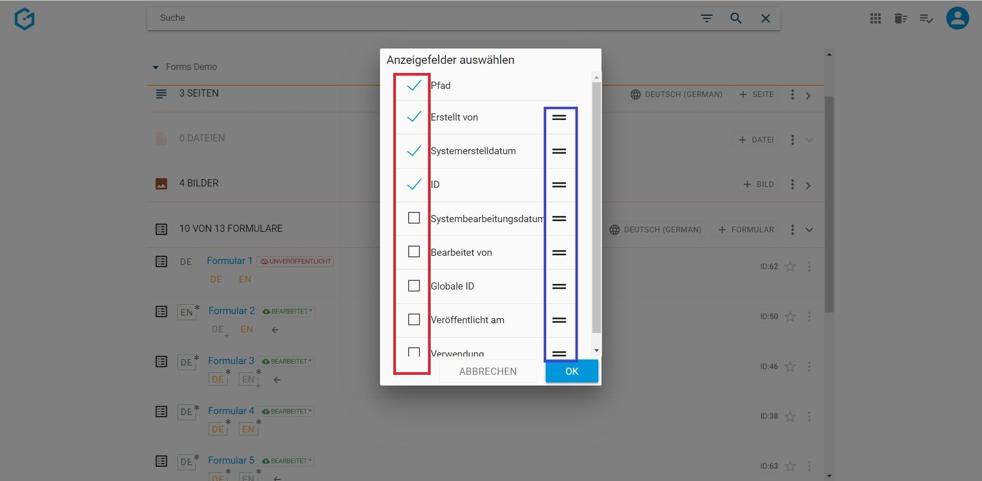 Anzeigefelder im Gentics CMS Formulargenerator