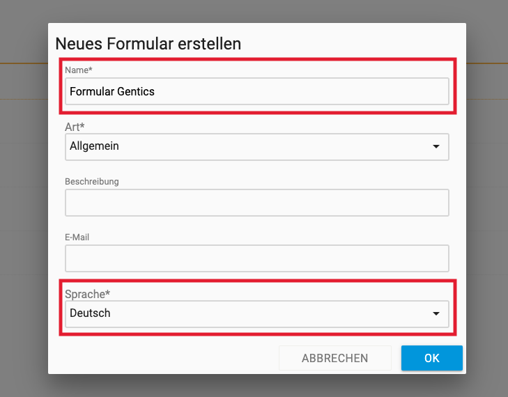 neues Formular im Gentics CMS Formulargenerator