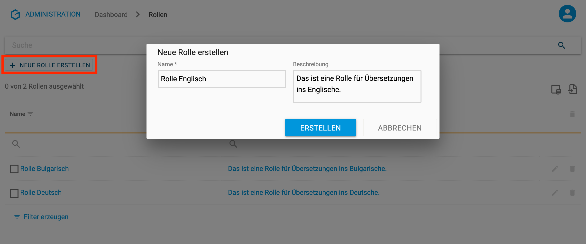 Modal zur Erstellung neuer Rollen