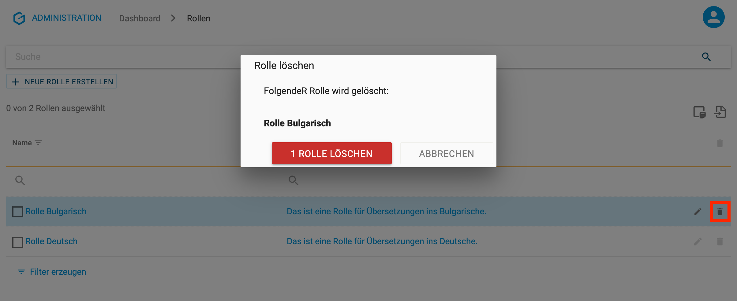 Modal zum Löschen einer Rolle