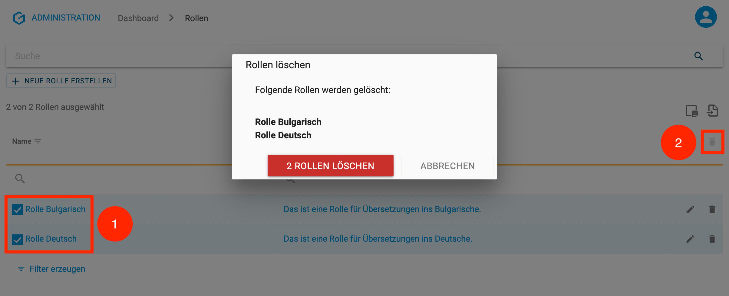 Modal zum Löschen mehrerer Rollen