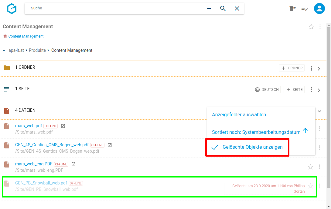 Gelöschte Dateien anzeigen in Gentics CMS