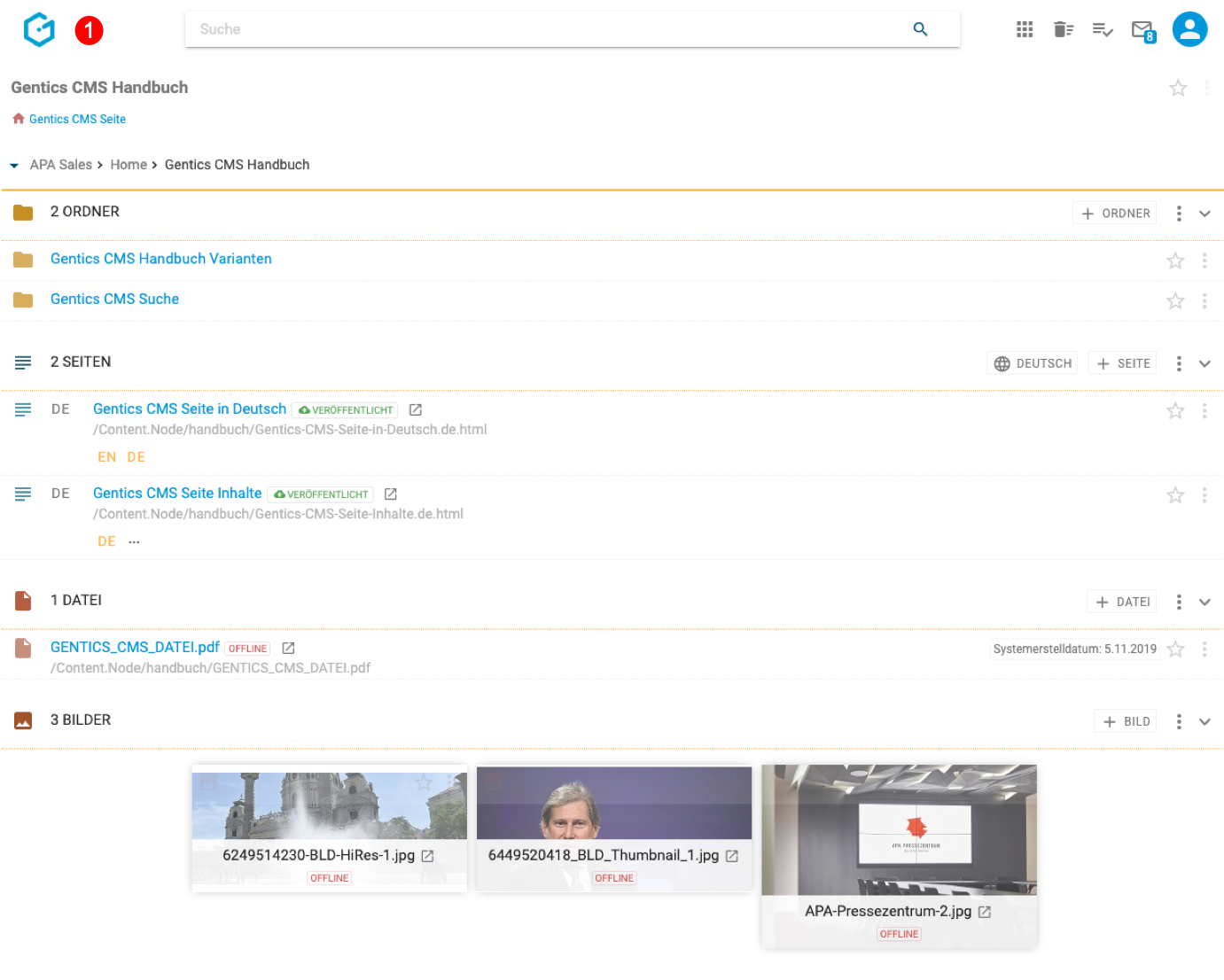 Home Bildschirm in Gentics CMS
