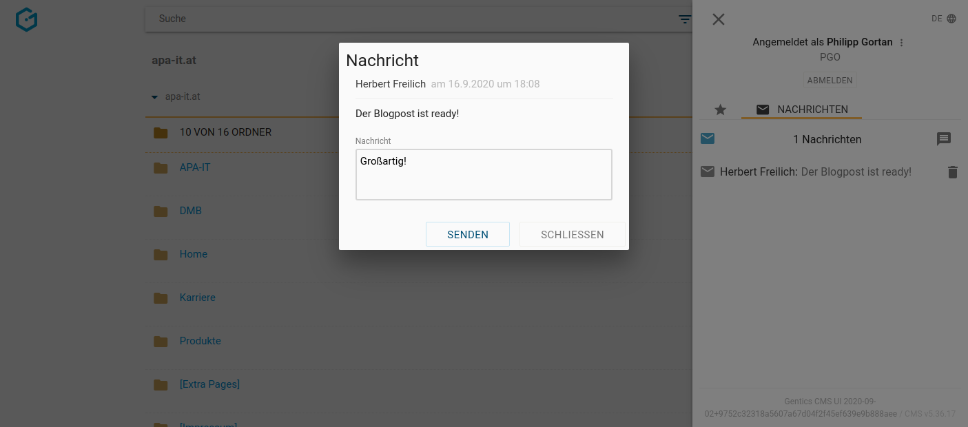 Nachrichten beantworten in Gentics CMS