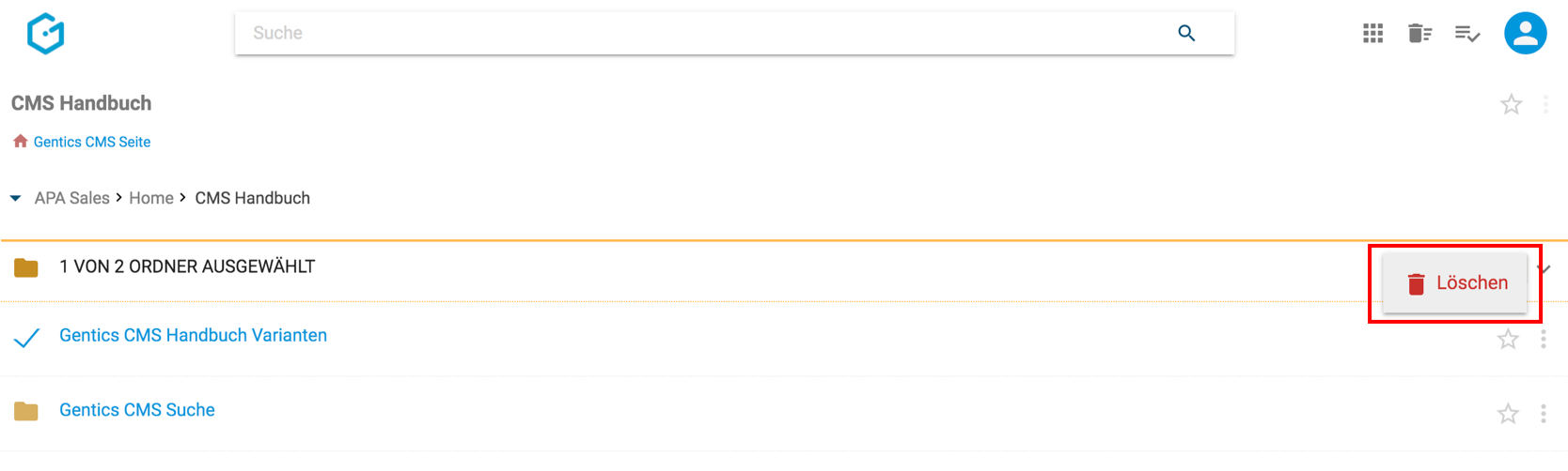 Löschen von Ordnern über das Kontextmenü in Gentics CMS