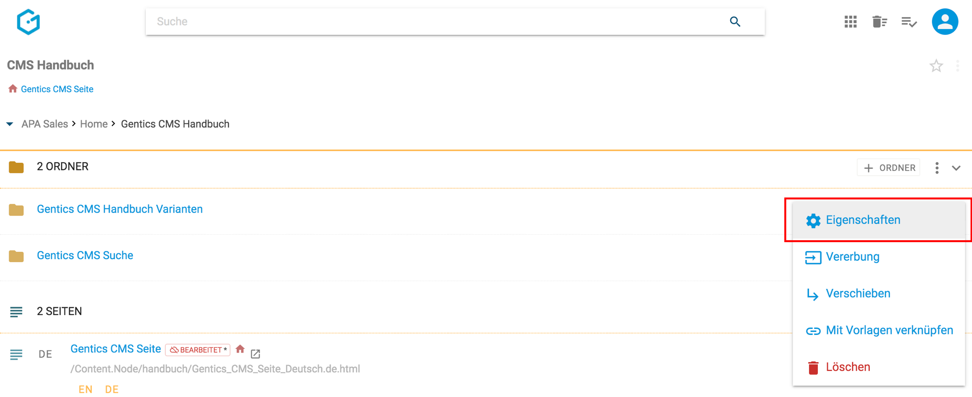 Ordner Eigenschaften bearbeiten über das Kontextmenü in Gentics CMS