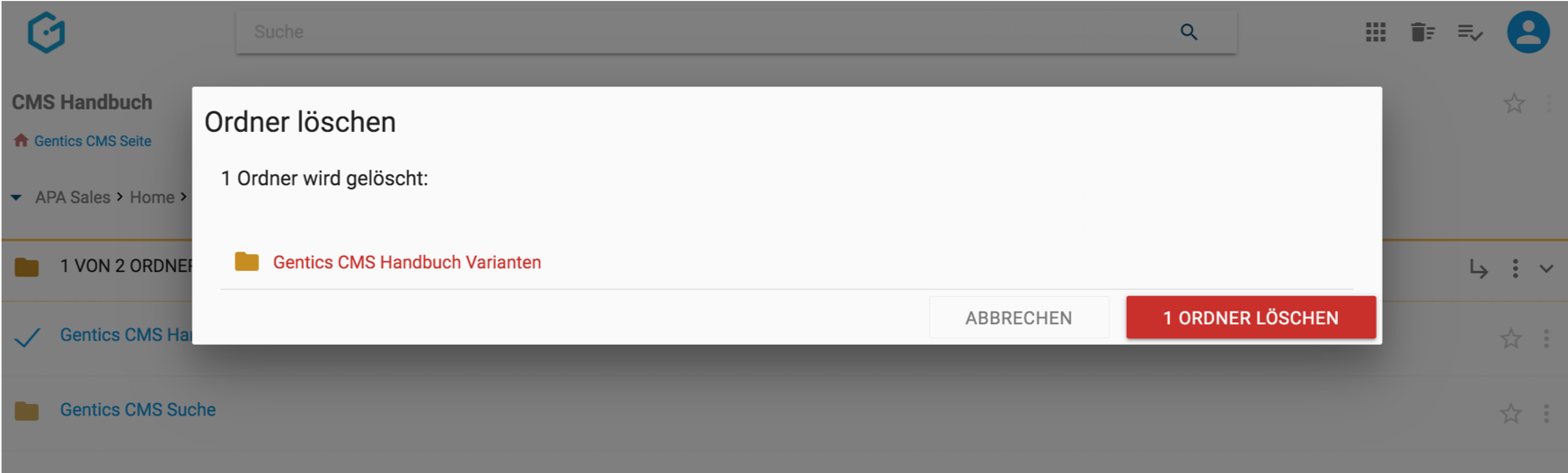 Dialog zum Löschen von Ordnern in Gentics CMS