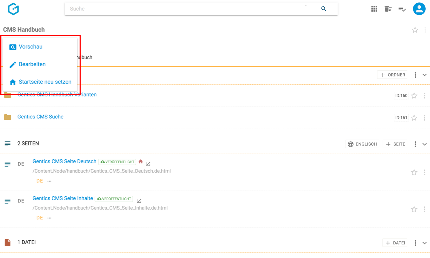 Ordner-Startseite Kontextmenü in Gentics CMS