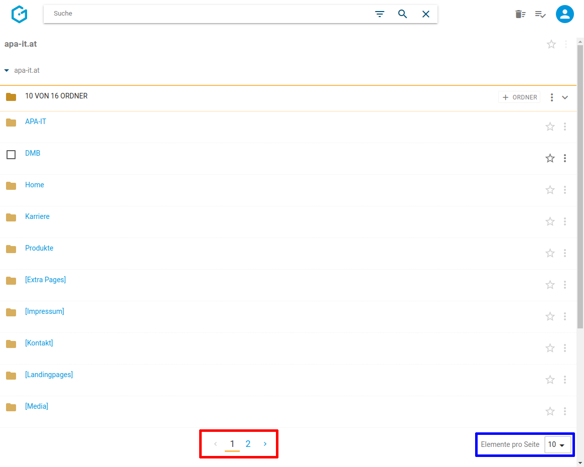 Blättern im Ordnerbereich in Gentics CMS