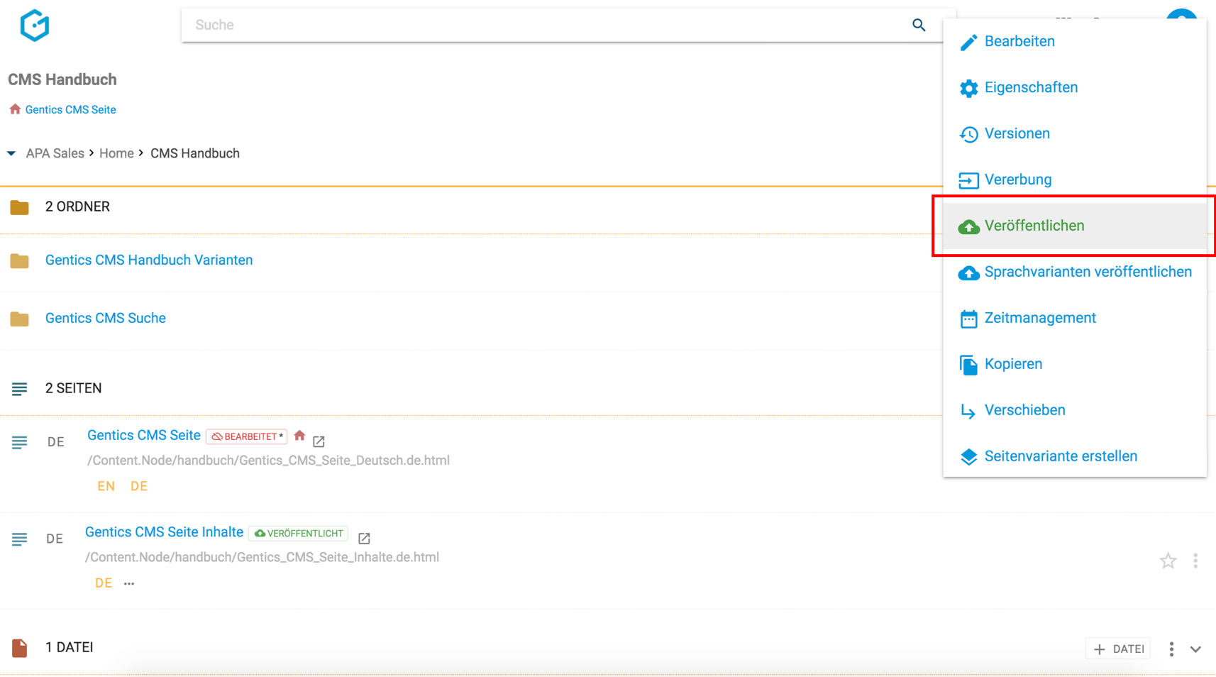 Eine Seite veröffentlichen in Gentics CMS