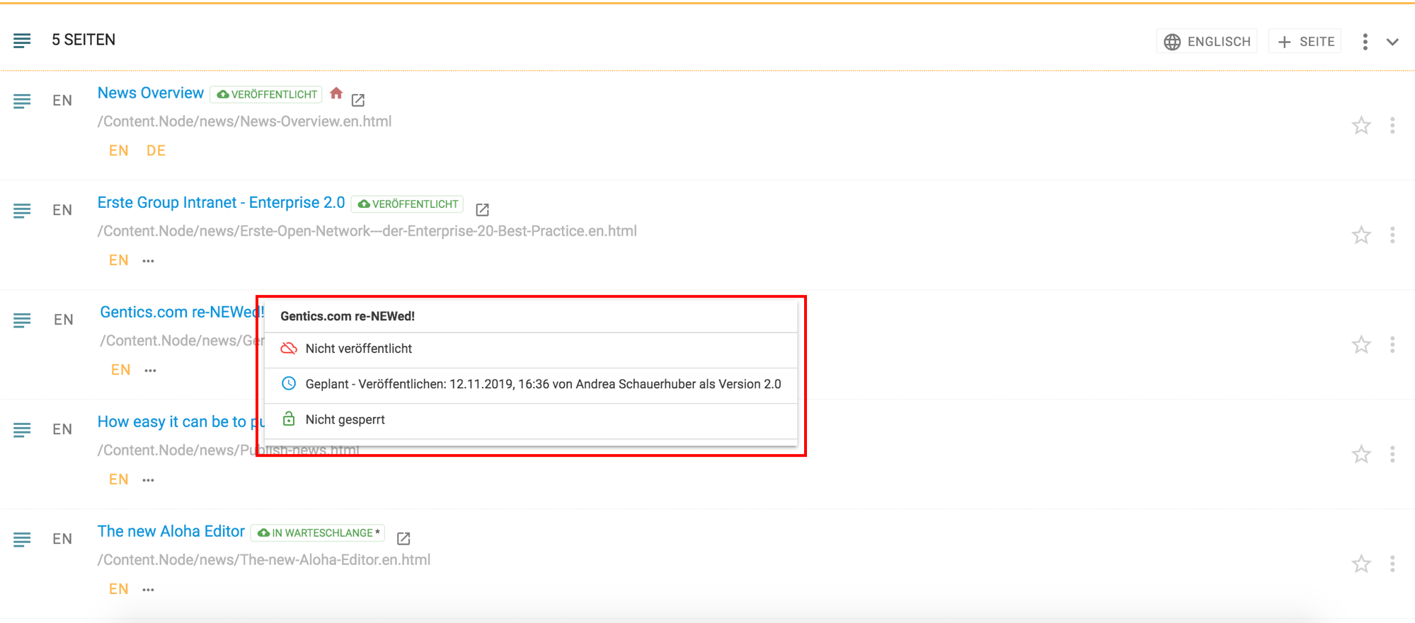 Details zu Seitenstatus "`Geplant: Veröffentlichen`" in Gentics CMS