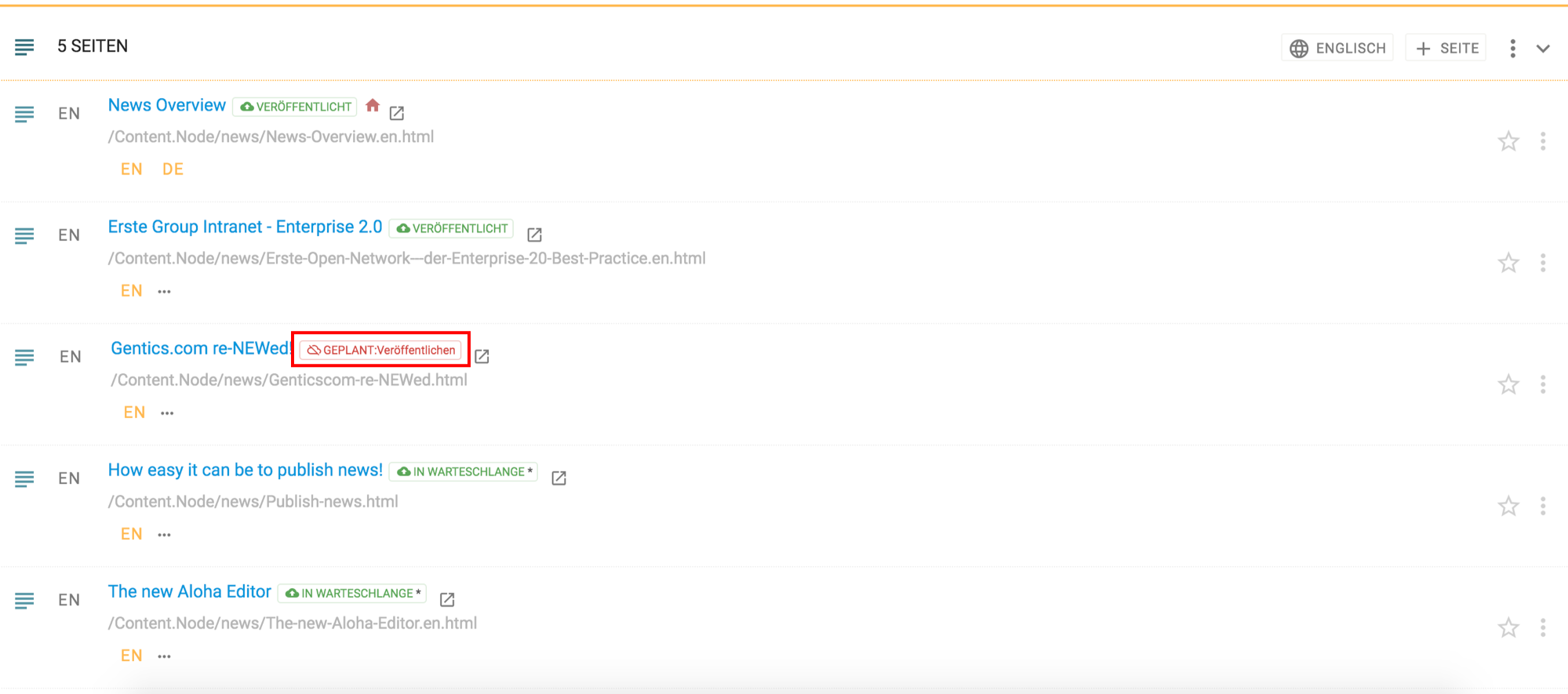 Seite im Status "`Geplant: Veröffentlichen`" in Gentics CMS
