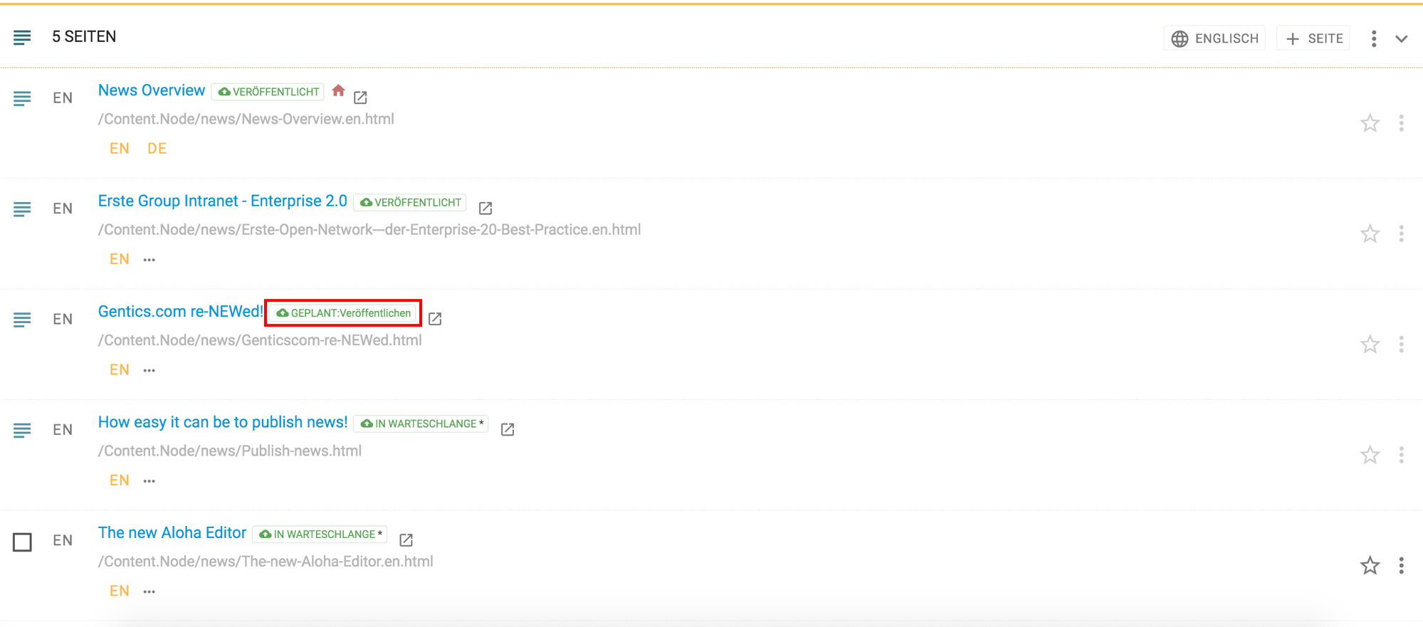 Seite im Status "`Online`" und "`Geplant: Veröffentlichen`" in Gentics CMS