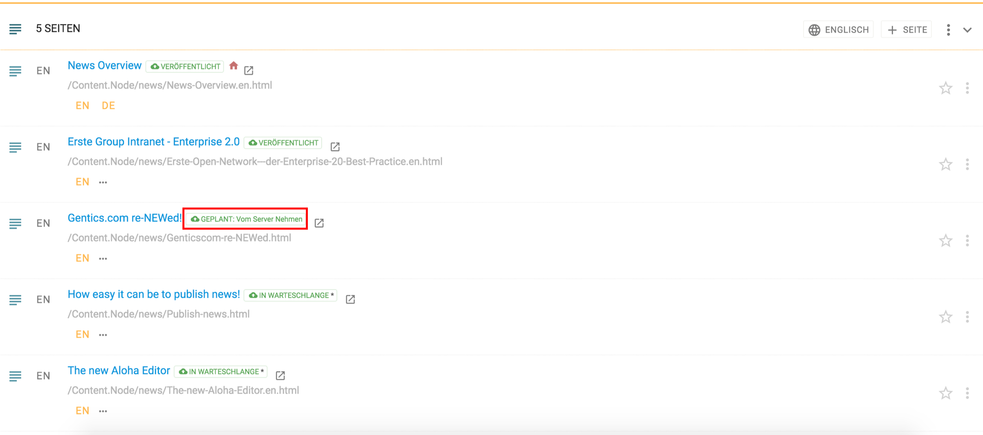 Seite im Status "`Geplant: Vom Server nehmen`" in Gentics CMS