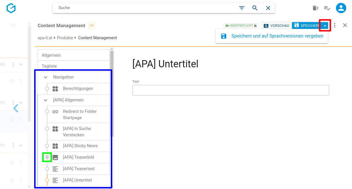 Projektspezifische Eigenschaften einer Seite bearbeiten in Gentics CMS