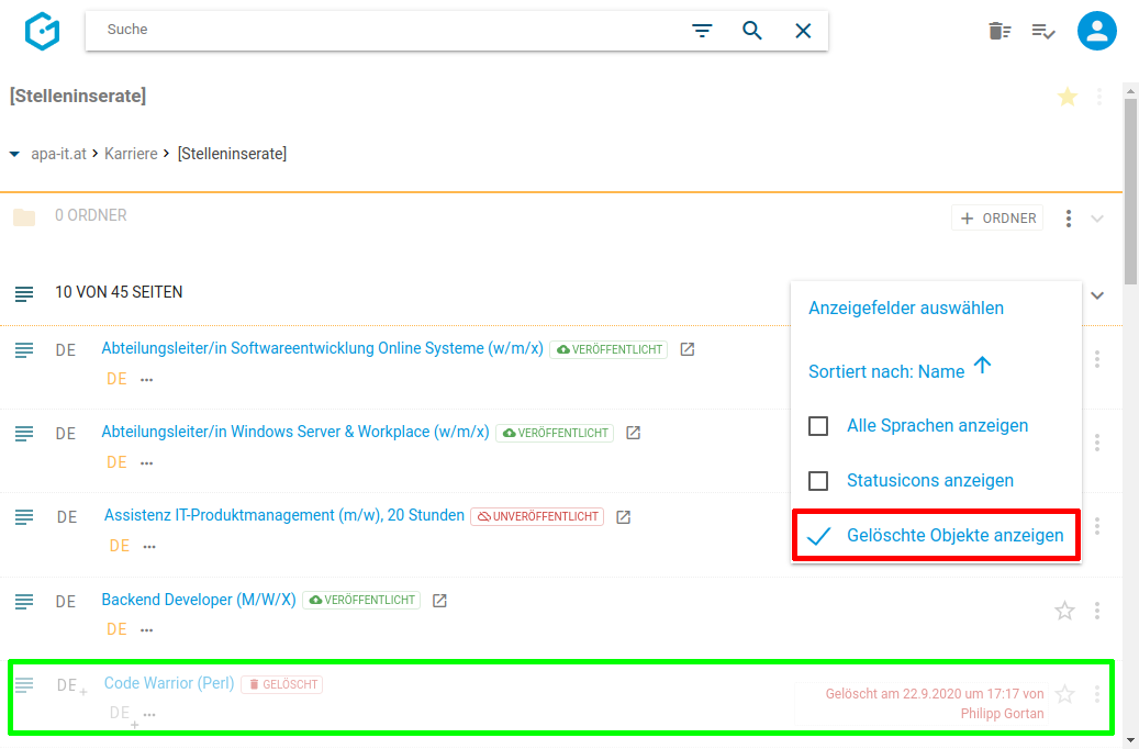 Gelöschte Seiten anzeigen in Gentics CMS