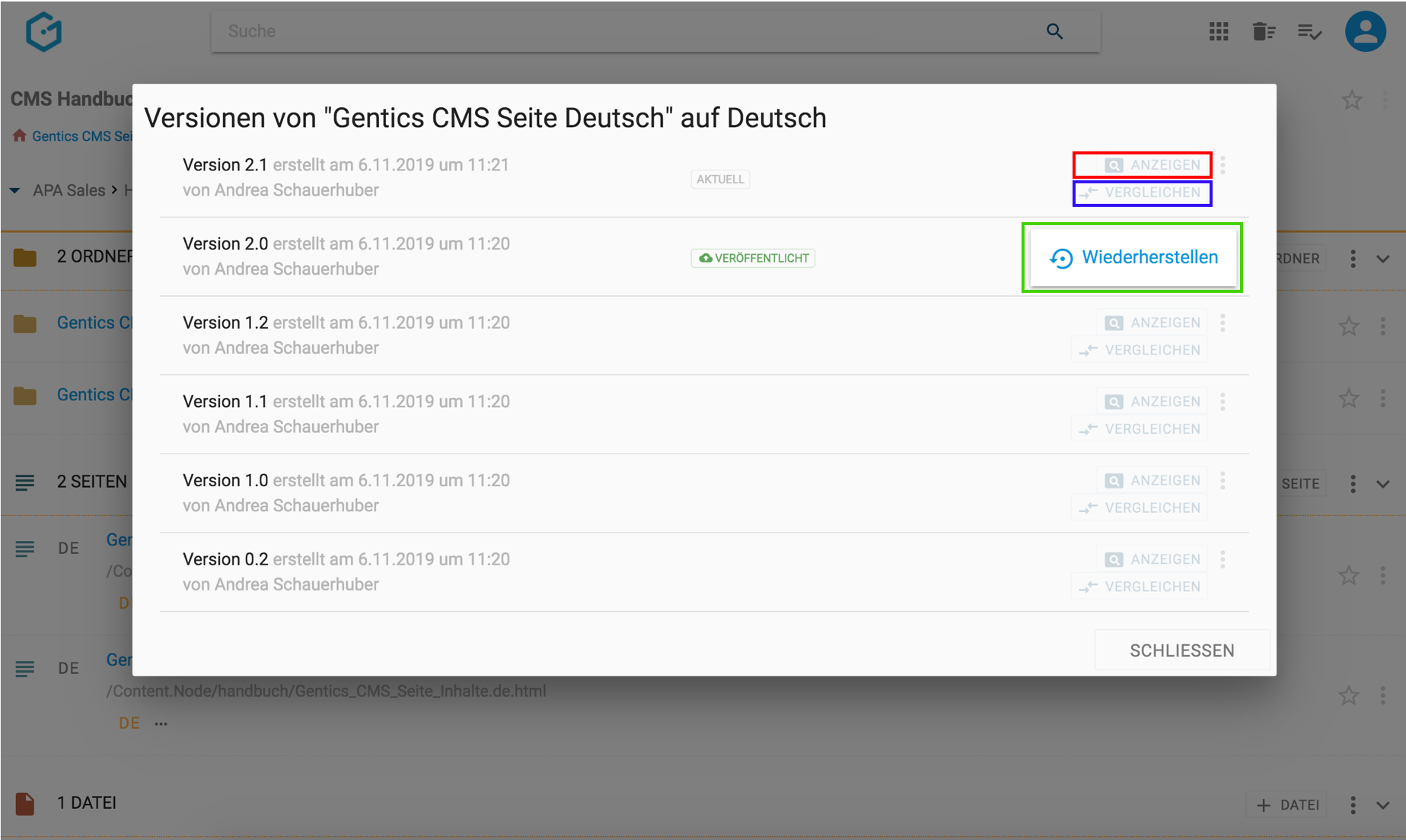 Aktionen für Seitenversionen in Gentics CMS