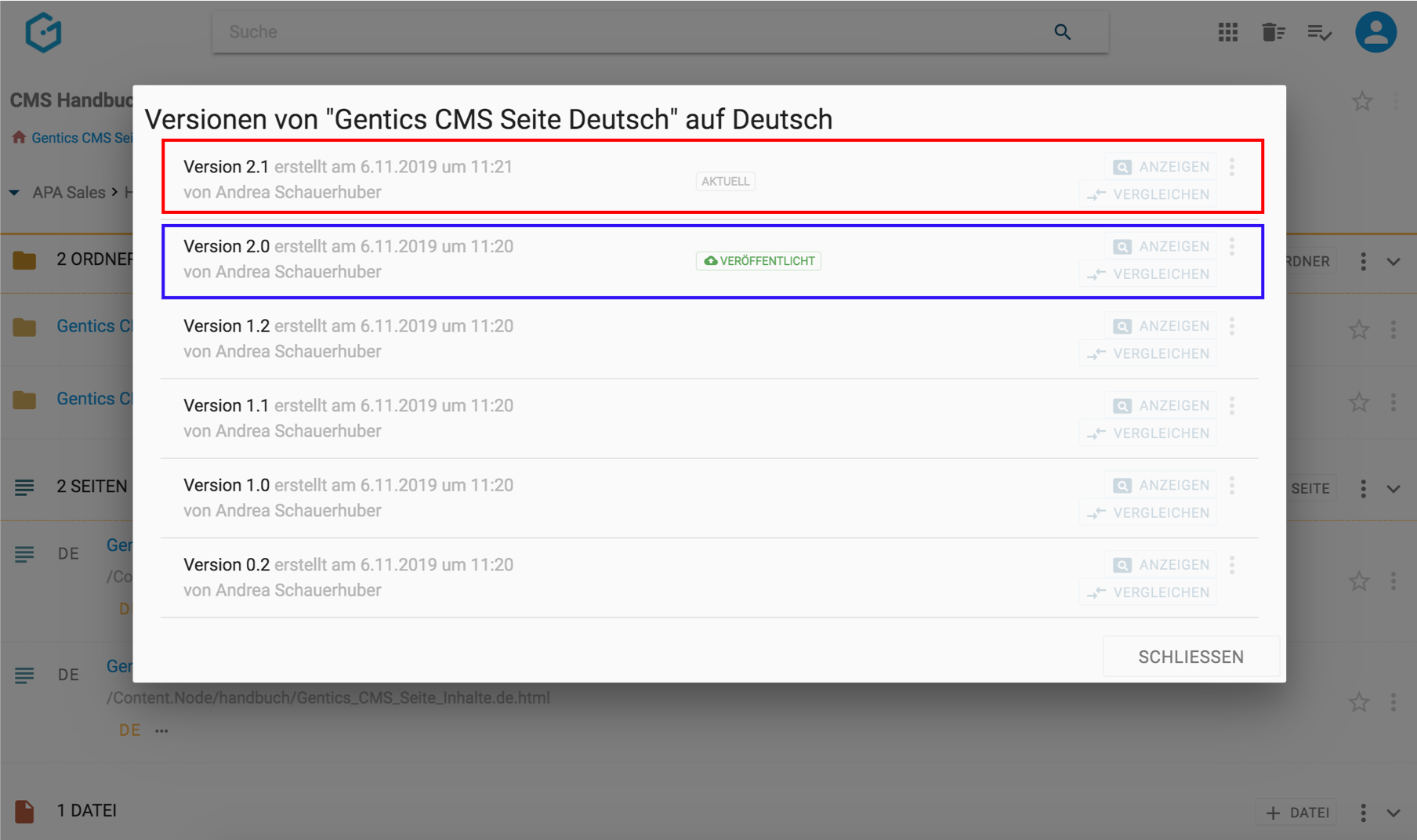 Versionen einer Seite miteinander vergleichen in Gentics CMS