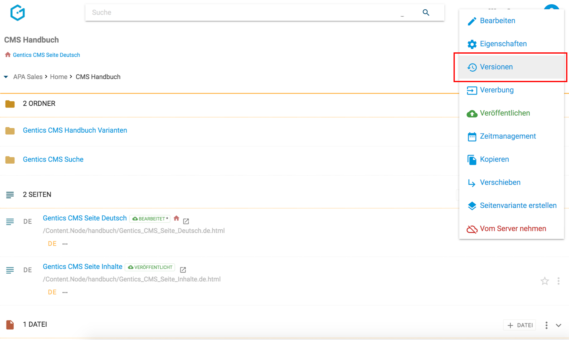 Versionen einer Seite miteinander vergleichen in Gentics CMS