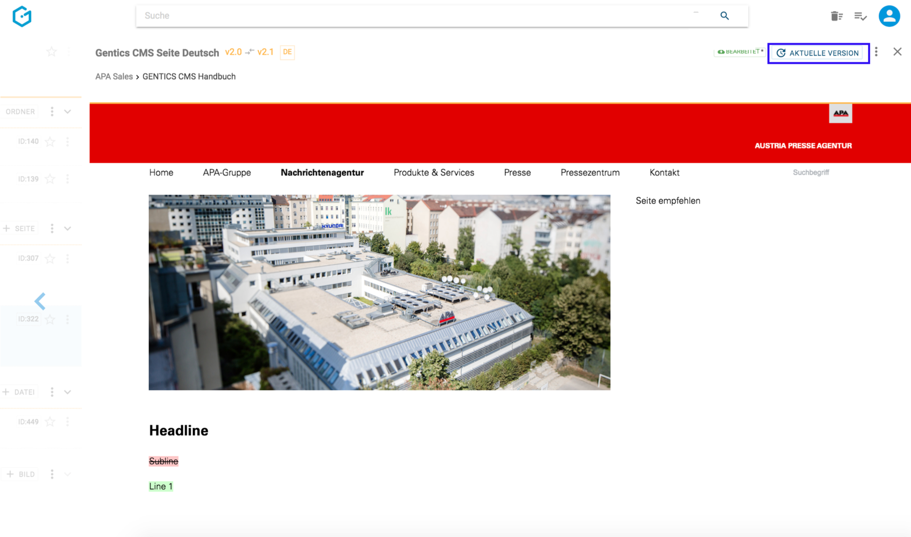 Vergleichsmodus von Seitenversionen in Gentics CMS
