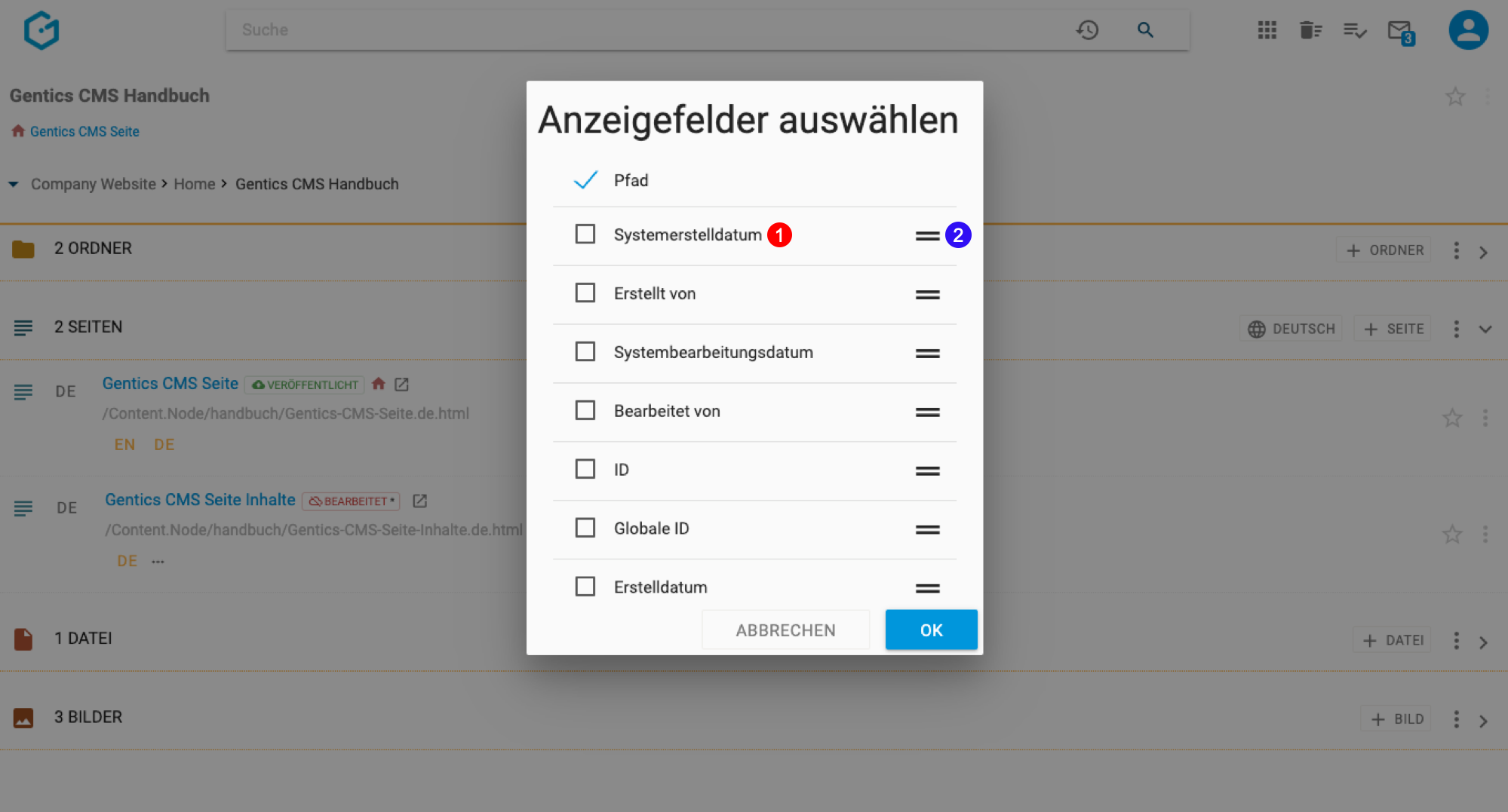 Auswählen der Anzeigefelder im Seitenbereich in Gentics CMS