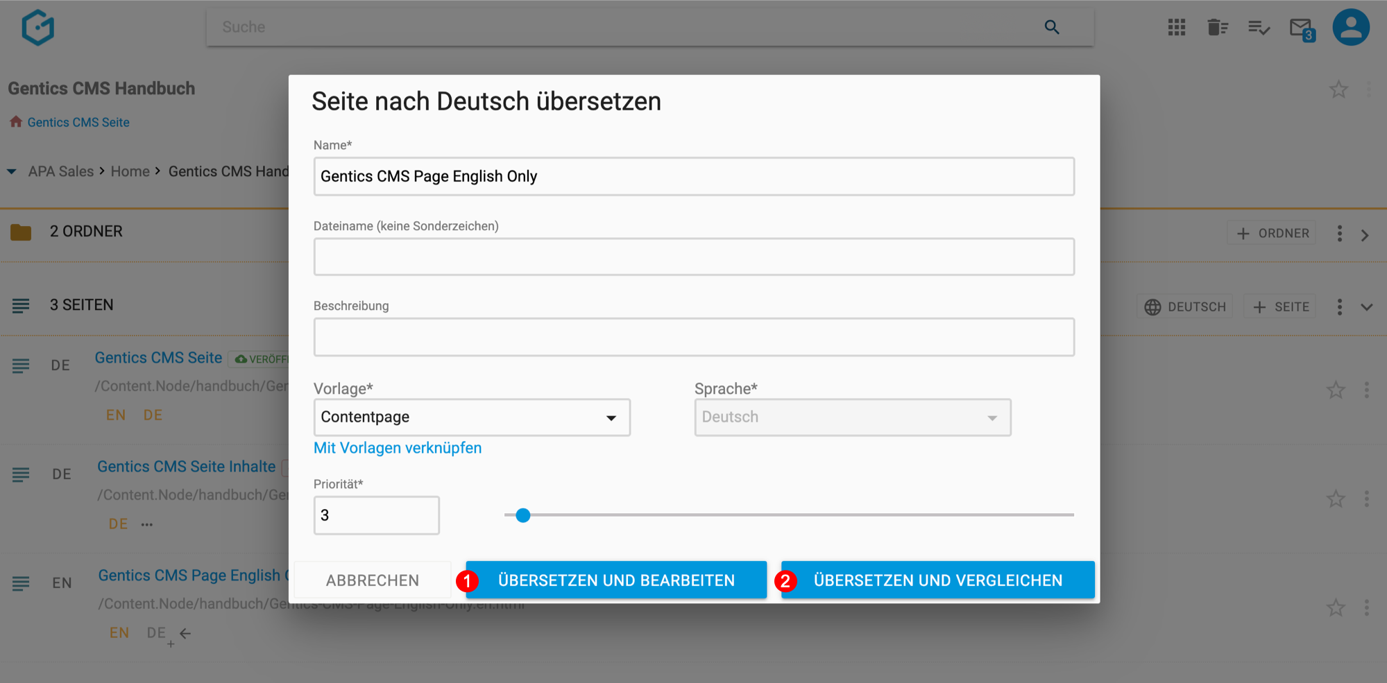 Dialog zum Übersetzen von Seiten in Gentics CMS