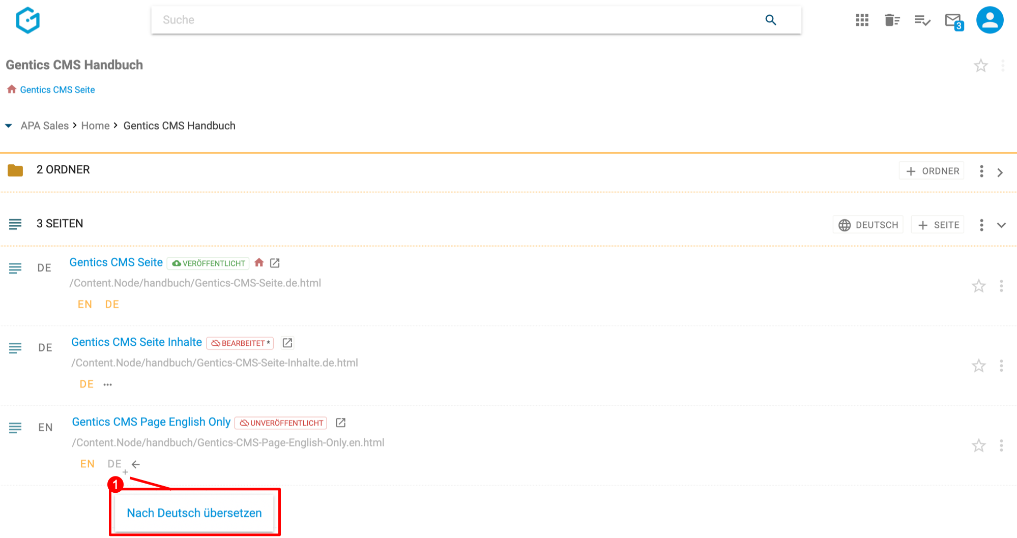 Seite übersetzen über die Sprachleiste in Gentics CMS