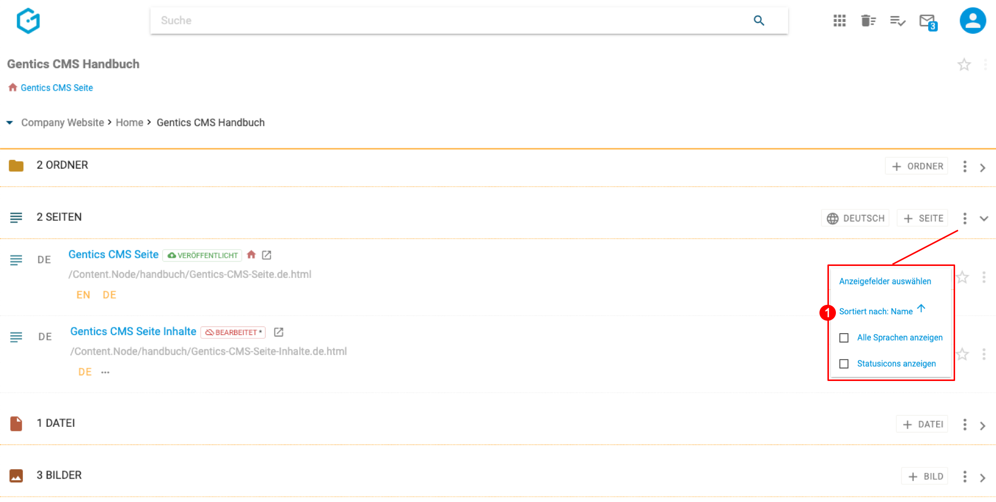 Sortierung von Seiten in Gentics CMS