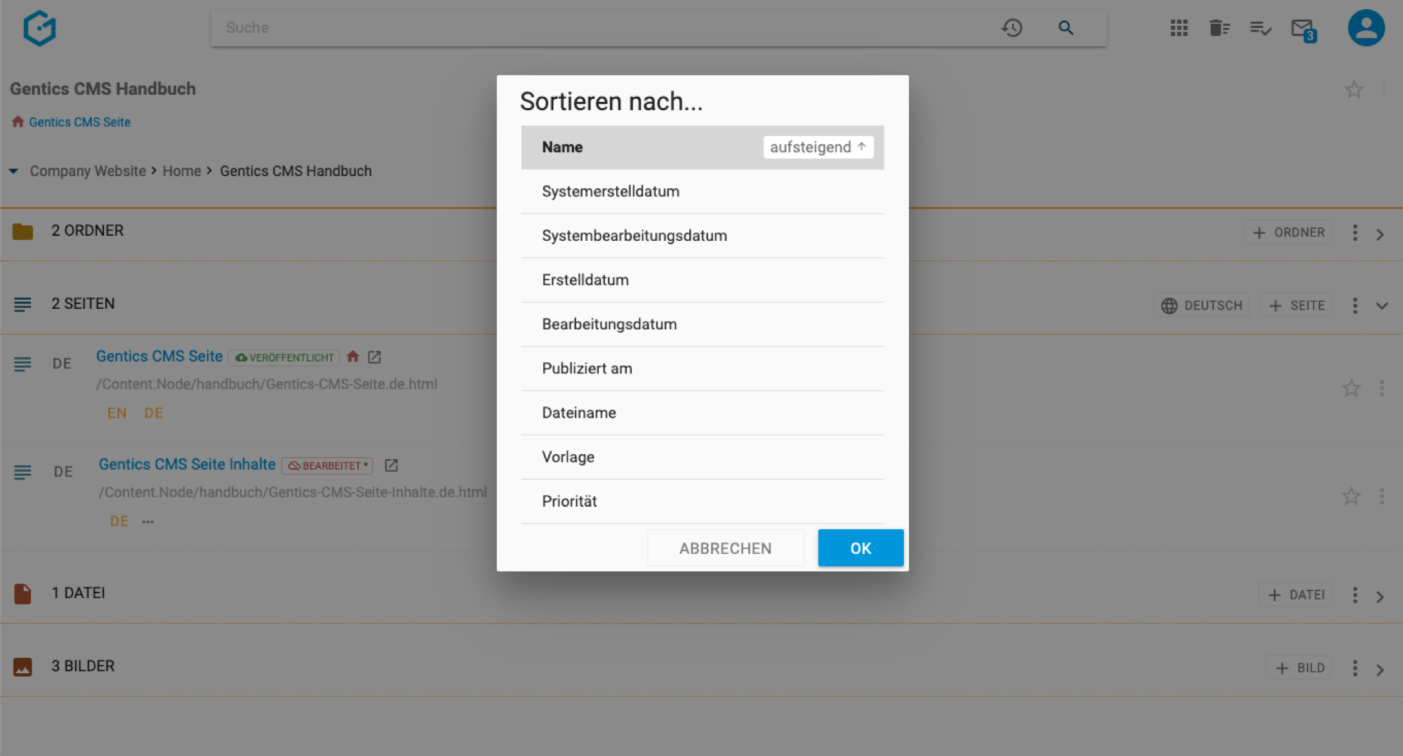 Sortieren von Seiten nach Anzeigefelder in Gentics CMS