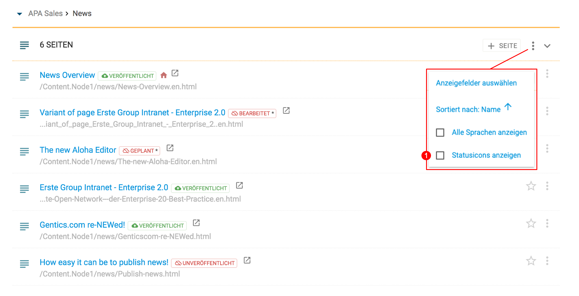 Aktivieren von zusätzlichen Statusicons im Seitenbereich in Gentics CMS