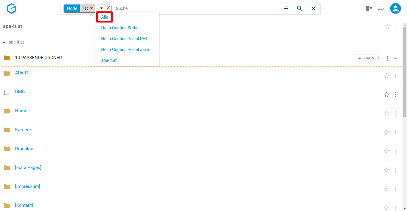 Suche in allen Nodes in Gentics CMS