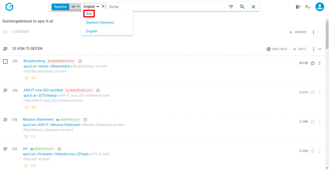 Suche in allen Sprachen in Gentics CMS