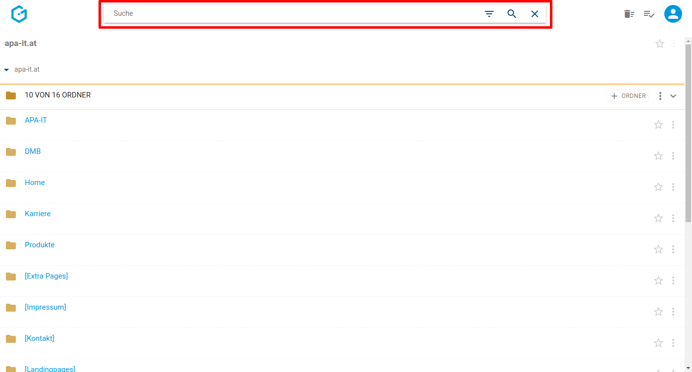 Das Suchfeld in Gentics CMS