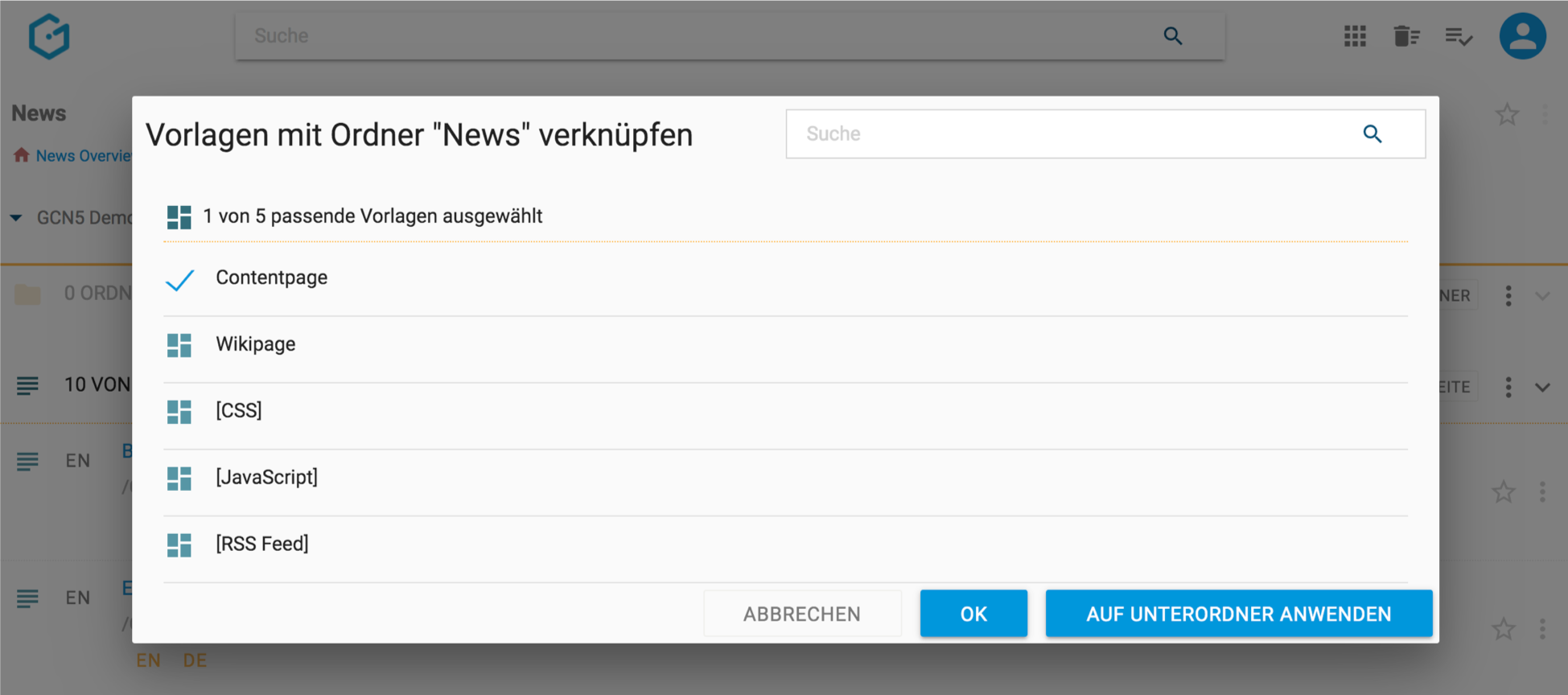 Vorlagen auswählen und mit Ordnern verknüpfen in Gentics CMS