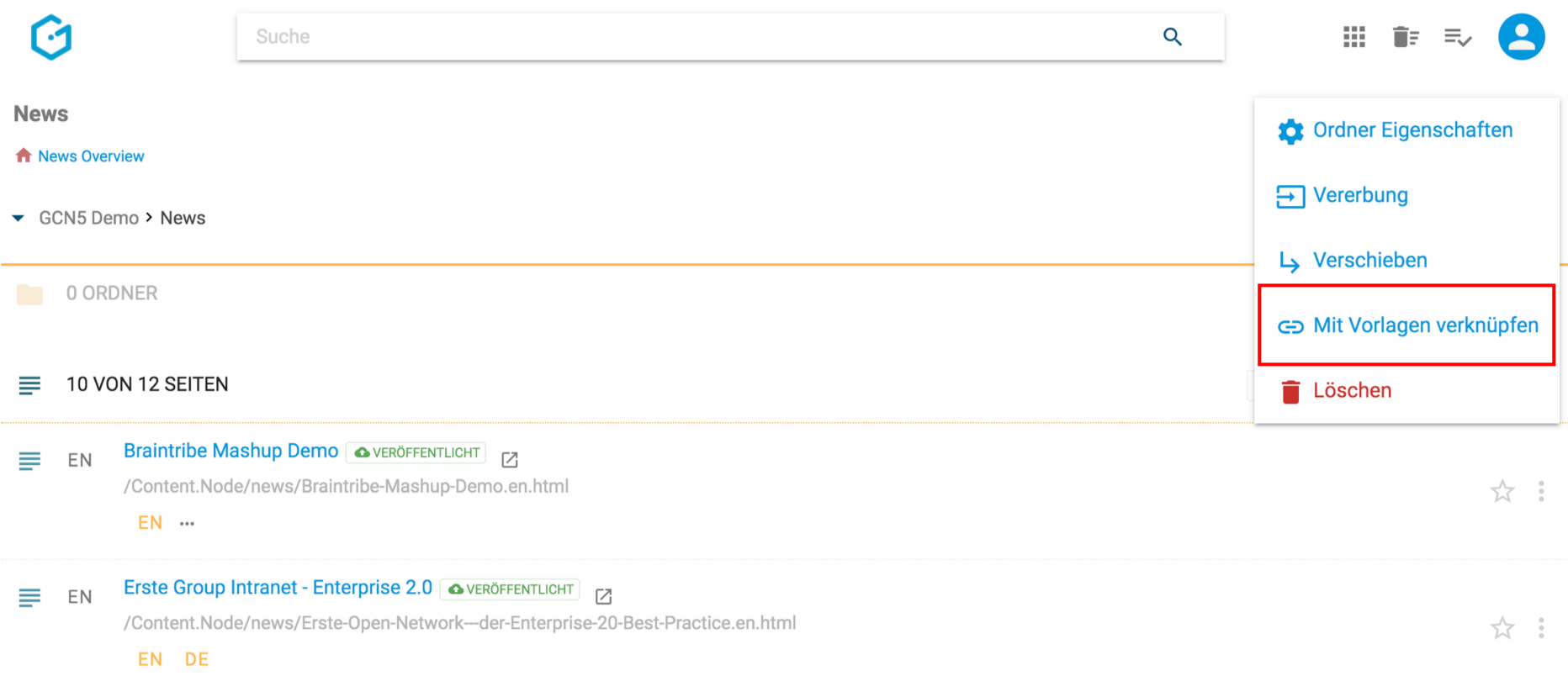 Vorlagen mit Ordner verknüpfen über Ordner-Kontextmenü in Gentics CMS