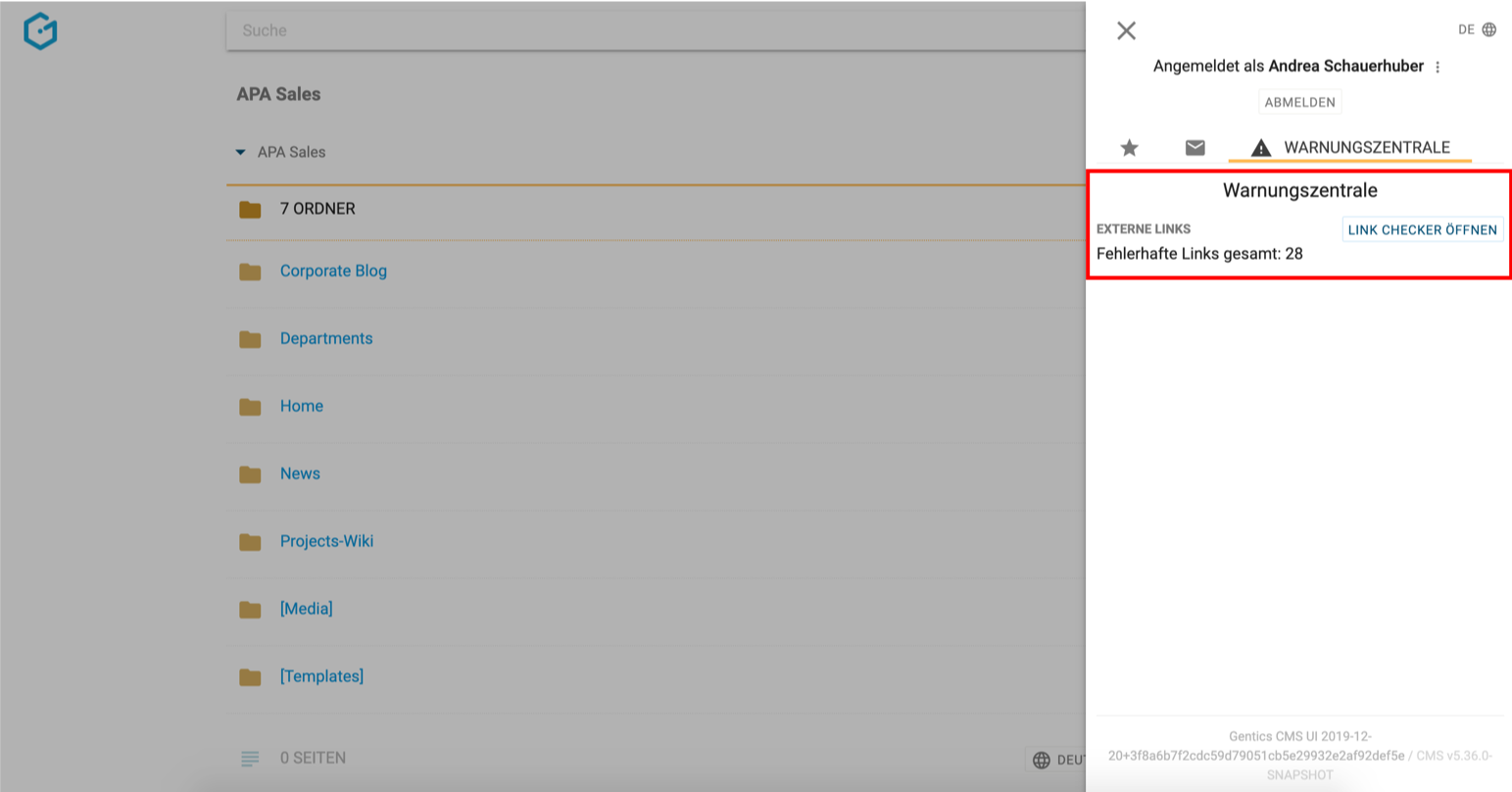 Die Warnungszentrale in Gentics CMS