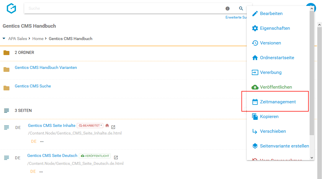 Öffnen des Zeitmanagements in Gentics CMS